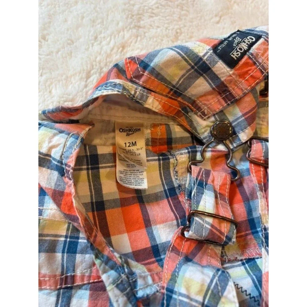 12M Boys Blue Orange Plaid OshKosh Snap Shorts Overalls